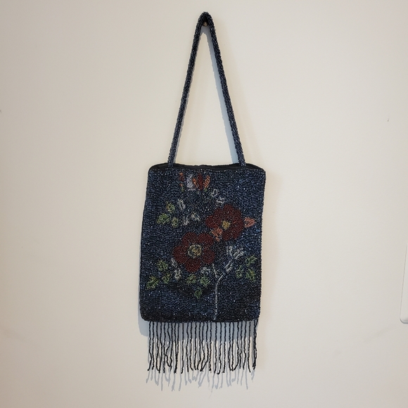 Beaded Purse Bag Floral Navy Blue Flowers Fringe - Picture 10 of 15
